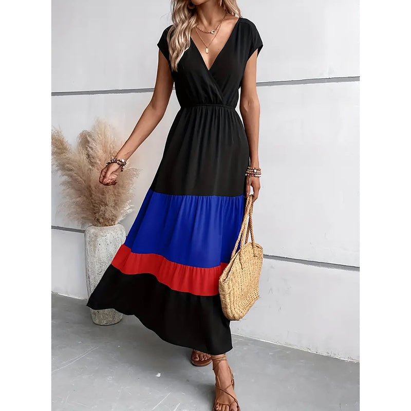 Women's Color Block Maxi Dresses V Neck Sleeveless Tiered Casual Dresses Loose Sundress - Evans creations LLC