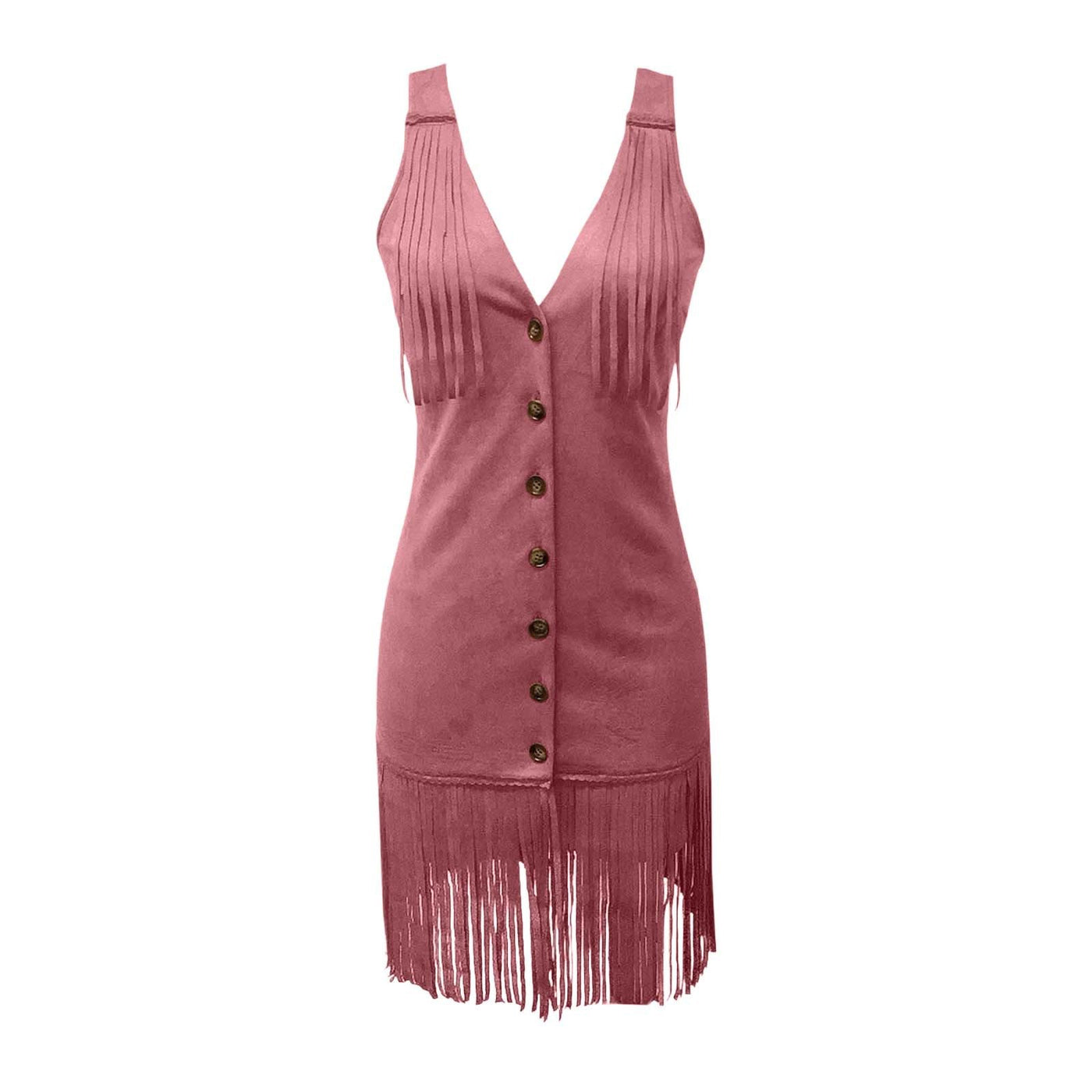Women's Western Style Vest Dress - V-Neck Button Front Mini Dress With Fringe Detail Summer Wear - Evans creations LLC
