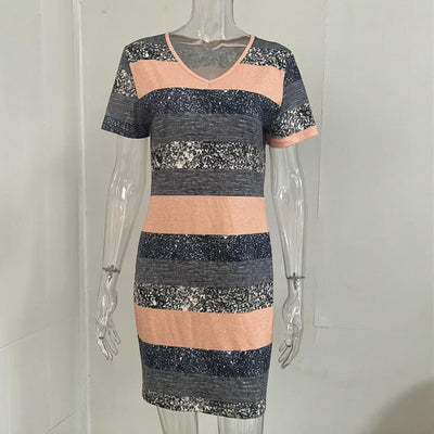 Women's V-Neck Slim Fit Striped Short Sleeve Dress - Casual Summer Bodycon Mini Dress - Evans creations LLC