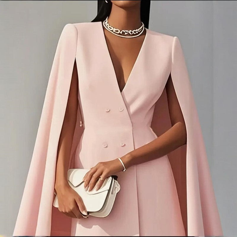 Women's Elegant Solid Color V Neck Double-Breasted Cape Blazer Dress Spring & Summer Party Banquet Outfit - Evans creations LLC