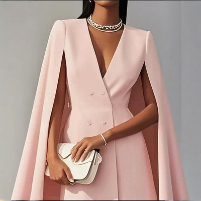 Women's Elegant Solid Color V Neck Double-Breasted Cape Blazer Dress Spring & Summer Party Banquet Outfit - Evans creations LLC
