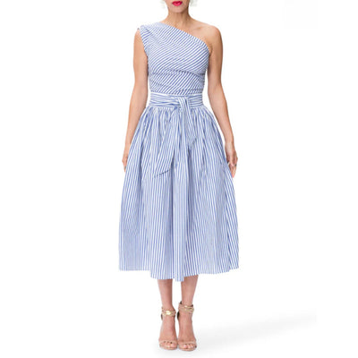 Women's Summer One Shoulder Striped Midi Dress Elegant Tie Waist Bodycon Dresses With Pockets - Evans creations LLC