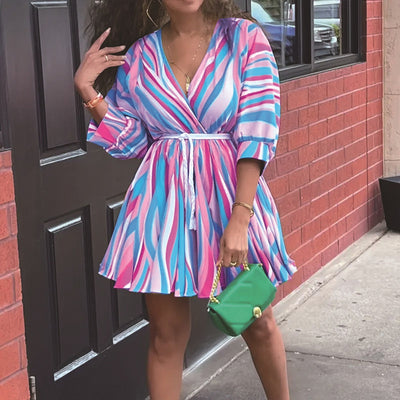 Women's V-Neck Rainbow Stripe Short Dress Three Quarters Sleeve Casual Summer Sundress With Tie Waist - Evans creations LLC