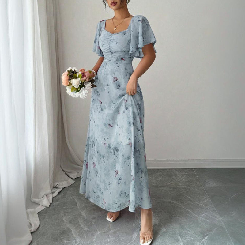 Women's Solid Color Square Neck Short Sleeve Butterfly Print Flowy Dress A-Line Summer Vacation Maxi Dress - Evans creations LLC