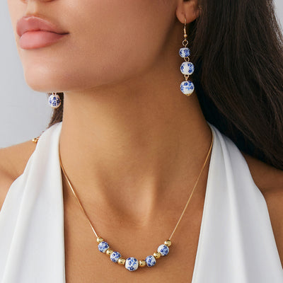 Blue And White Porcelain Round Beads Tassel Necklace Simple All-match Flower Earrings - Evans creations LLC