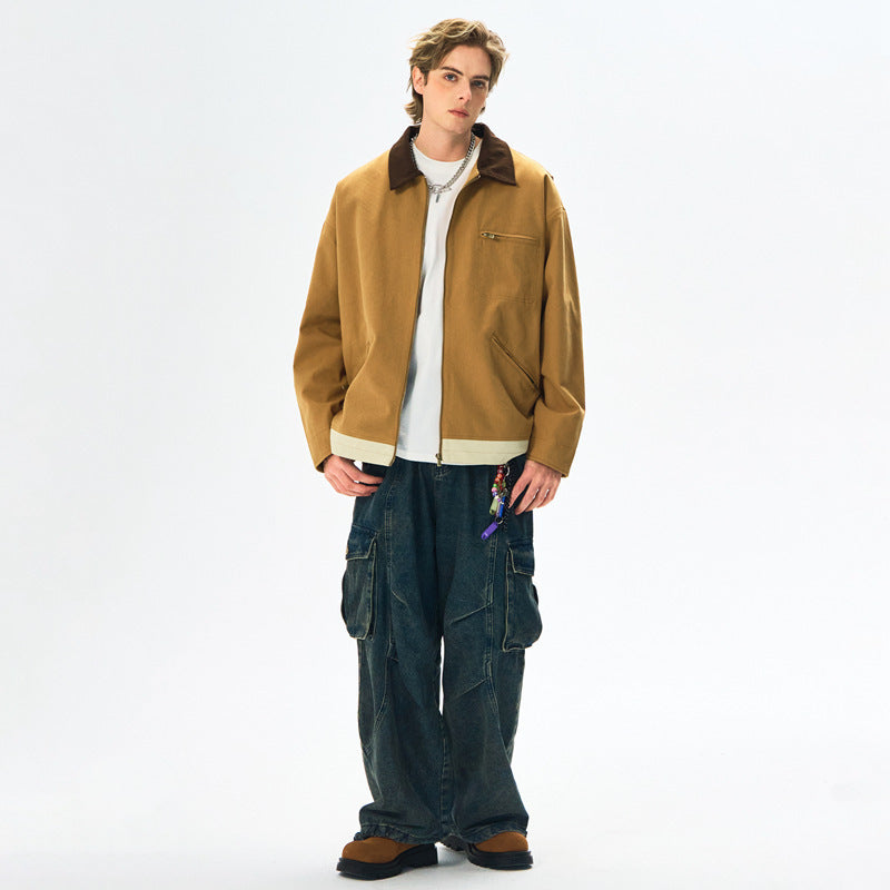 Contrast Color Washed Polo Collar Jacket Men - Evans creations LLC