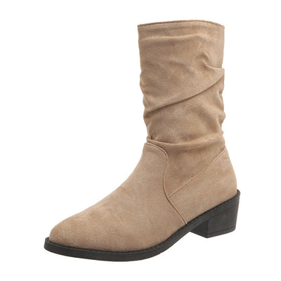 Large Size Thick Heel Pointed Toe Mid-calf Smoke Pipe Boots For Women - Evans creations LLC