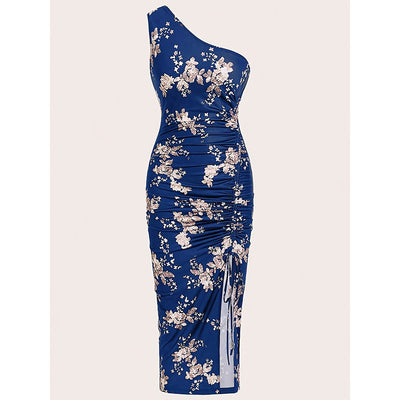 Women's One Shoulder Bodycon Dresses Summer 2025 Ruched High Split Floral Beach Cocktail Wedding Guest Dress - Evans creations LLC