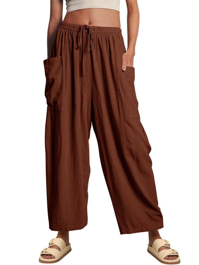 Stretched-waist Pleated High-waisted Wide-leg Loose Casual Cotton And Linen Long Pants - Evans creations LLC