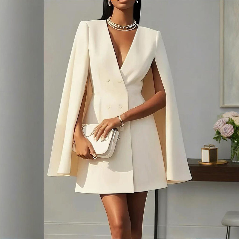 Women's Elegant Solid Color V Neck Double-Breasted Cape Blazer Dress Spring & Summer Party Banquet Outfit - Evans creations LLC