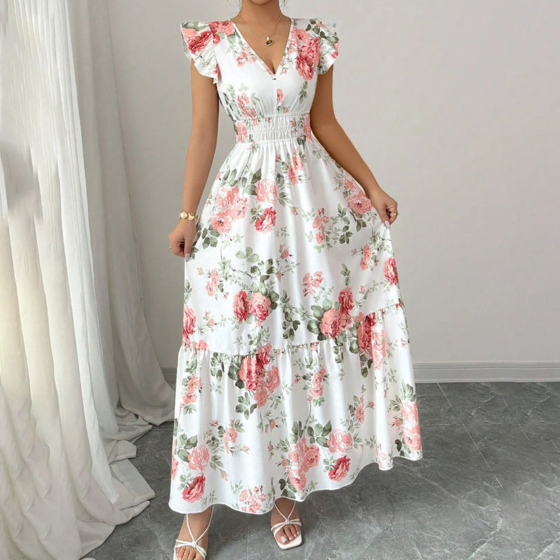 Womens Casual Summer Maxi Dress Flutter Short Sleeve V Neck Smocked A Line Flowy Beach Vacation Long Dresses - Evans creations LLC