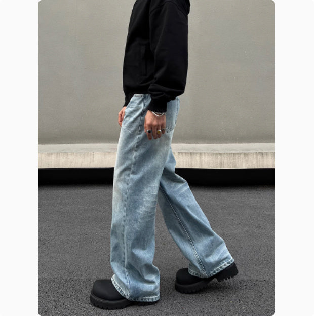 Men's Retro Whisker Washed Blue Straight Jeans - Evans creations LLC