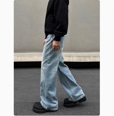 Men's Retro Whisker Washed Blue Straight Jeans - Evans creations LLC