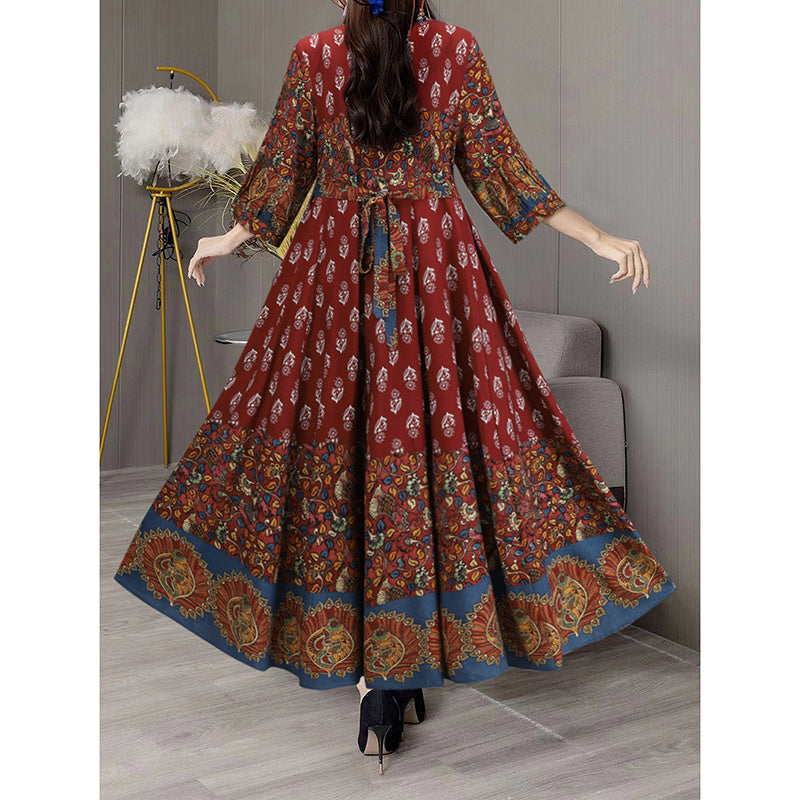 Women's Bohemian 3 4 Sleeve Floral Swing Dress Ethnic Embroidery Notched Neck Big Swing Dress - Evans creations LLC