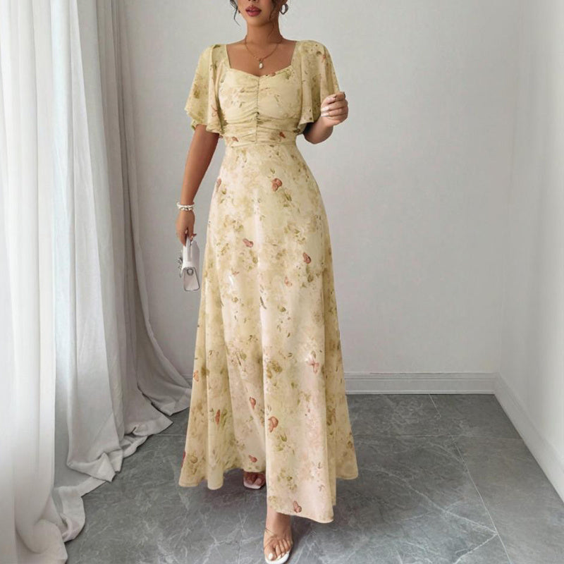 Women's Solid Color Square Neck Short Sleeve Butterfly Print Flowy Dress A-Line Summer Vacation Maxi Dress - Evans creations LLC
