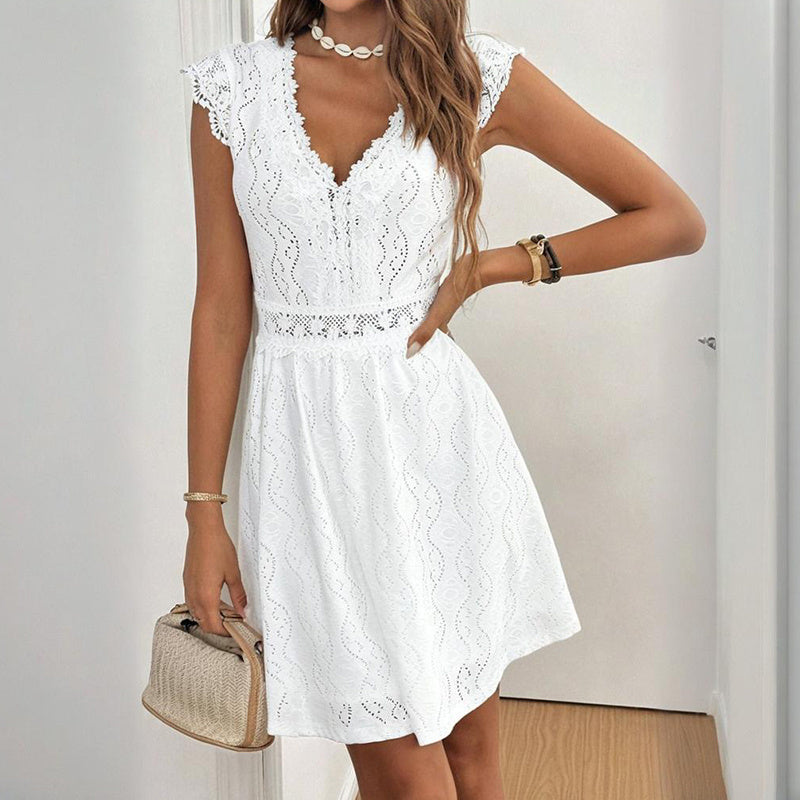 Women's V-Neck Solid Color Short Sleeve Dress With Lace Trim - Summer Sexy Vacation Dress - Evans creations LLC