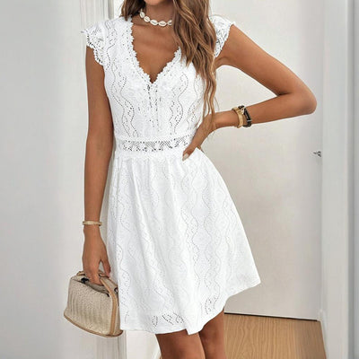 Women's V-Neck Solid Color Short Sleeve Dress With Lace Trim - Summer Sexy Vacation Dress - Evans creations LLC