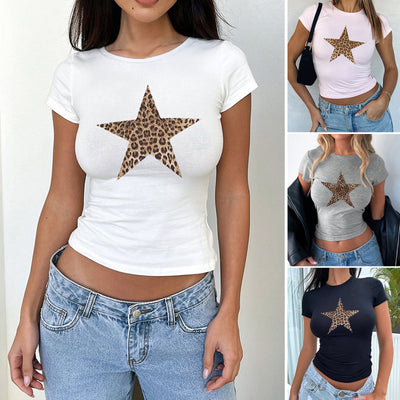 Tight Waist Leopard Print Round Neck Short Sleeve - Evans creations LLC