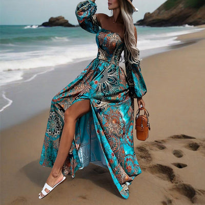 Women's Strapless Off-Shoulder Long Sleeve A-Line Dress - Bohemian Beach Maxi Dress With High Slit For Summer Vacation - Evans creations LLC