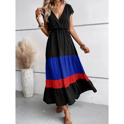 Women's Color Block Maxi Dresses V Neck Sleeveless Tiered Casual Dresses Loose Sundress - Evans creations LLC