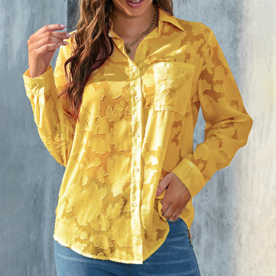 Womens Casual Sheer Button Down Shirts Long Sleeve V Neck Jacquard Blouses Tops - Evans creations LLC
