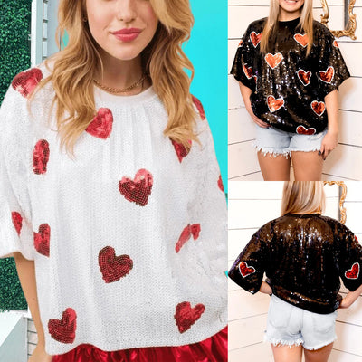 European And American Round Neck Sequins Shirt Christmas Heavy Industry Sequin Half Sleeve T-shirt - Evans creations LLC