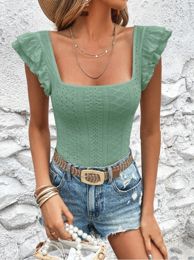 Women's Square Collar Ruffled Slim T-shirt - Evans creations LLC