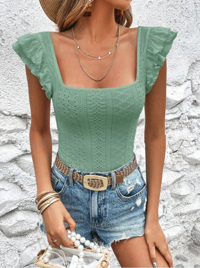 Women's Square Collar Ruffled Slim T-shirt - Evans creations LLC