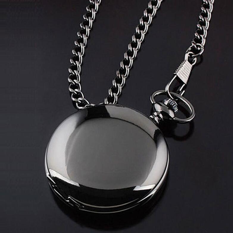 retro black fashion silver smooth steampunk quartz pocket watch stainless steel chain necklace 30 cm for men for women with gift box - Evans creations LLC