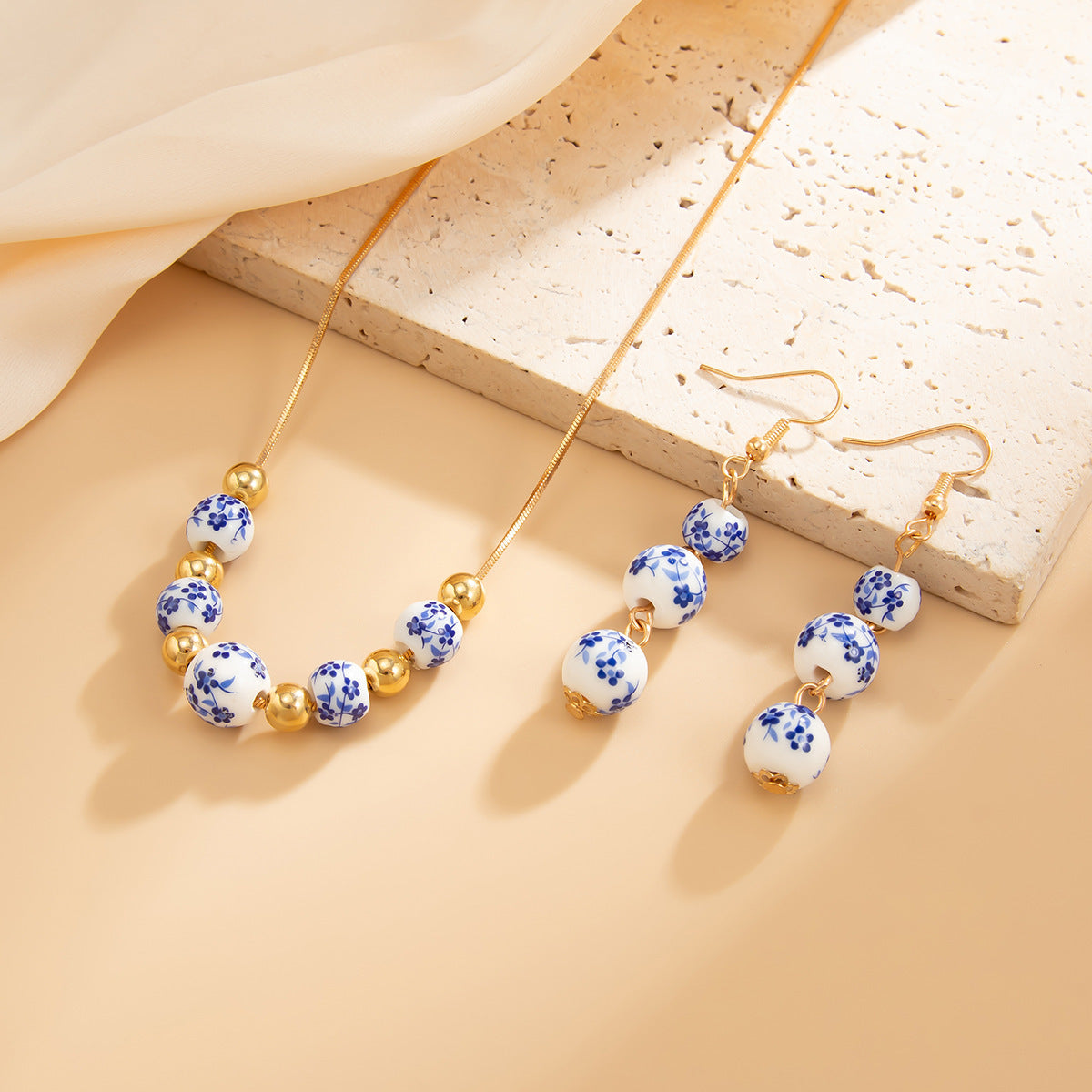 Blue And White Porcelain Round Beads Tassel Necklace Simple All-match Flower Earrings - Evans creations LLC