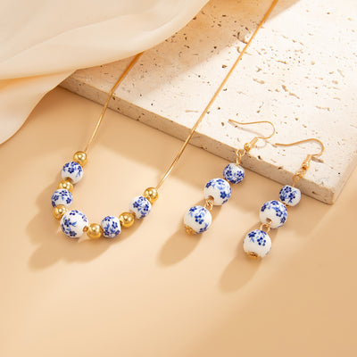 Blue And White Porcelain Round Beads Tassel Necklace Simple All-match Flower Earrings - Evans creations LLC