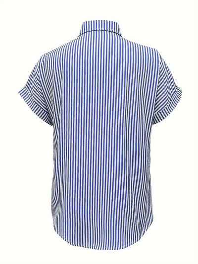 Elegant Plus Size Striped Blouse With Pocket - Casual Short Sleeve, Button-Up Collared Shirt For Women - Evans creations LLC