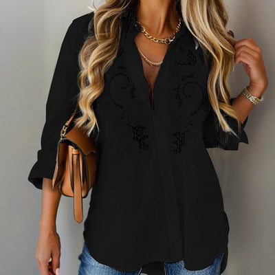 Women's Contrast Lace Long Sleeve Tops Button Down Shirts Dressy Casual Blouses Fall Fashion Clothes - Evans creations LLC