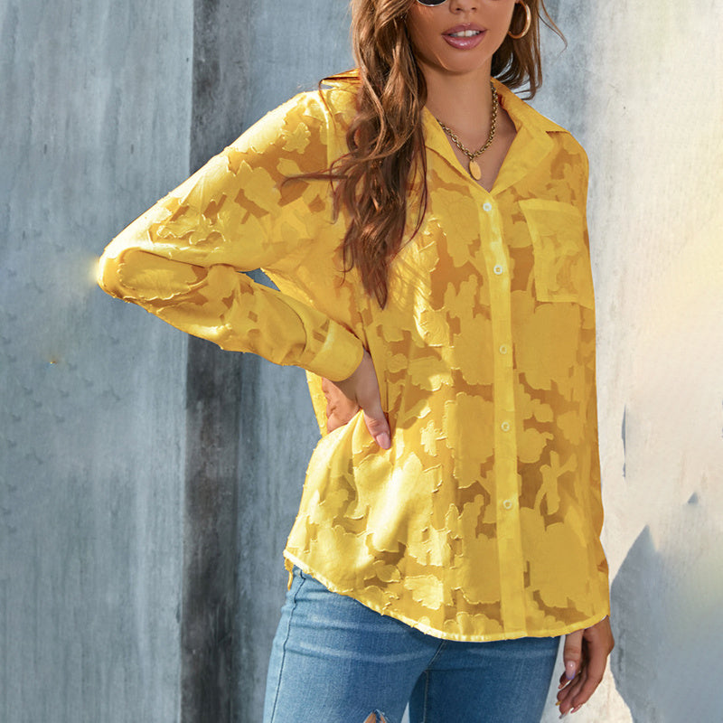 Womens Casual Sheer Button Down Shirts Long Sleeve V Neck Jacquard Blouses Tops - Evans creations LLC