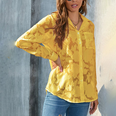Womens Casual Sheer Button Down Shirts Long Sleeve V Neck Jacquard Blouses Tops - Evans creations LLC