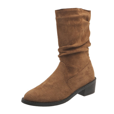 Large Size Thick Heel Pointed Toe Mid-calf Smoke Pipe Boots For Women - Evans creations LLC