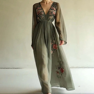 Women's Elegant V-Neck Green Floral Print A-Line Maxi Semi-Sheer Long Sleeve Spring&Summer Dress - Evans creations LLC