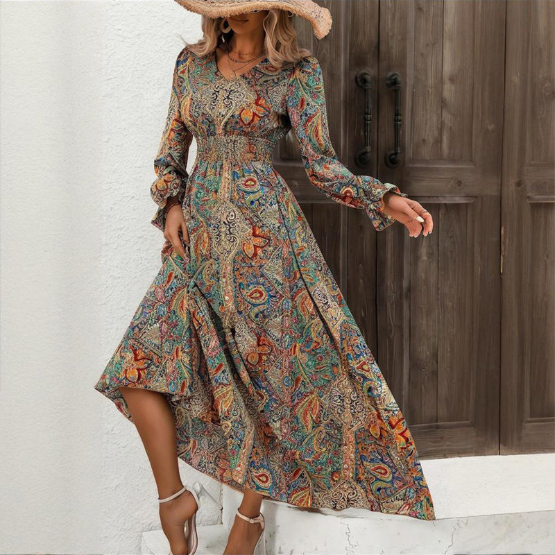 Women's V-Neck Retro Geometric Print Flounce Sleeve Dress - A-Line Maxi Dress With Smocked Waist For Spring&Summer - Evans creations LLC