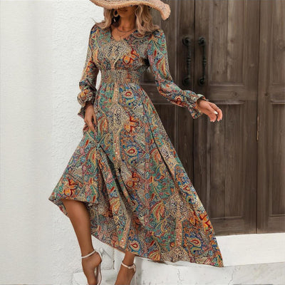 Women's V-Neck Retro Geometric Print Flounce Sleeve Dress - A-Line Maxi Dress With Smocked Waist For Spring&Summer - Evans creations LLC