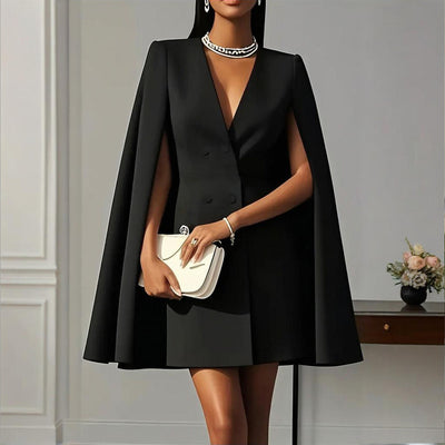 Women's Elegant Solid Color V Neck Double-Breasted Cape Blazer Dress Spring & Summer Party Banquet Outfit - Evans creations LLC