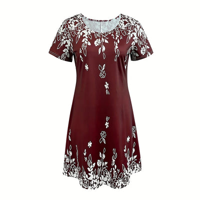 Women's Summer Boho Dress Vintage Floral Print Short Sleeve T-Shirt Sundress Beach Casual Dress - Evans creations LLC