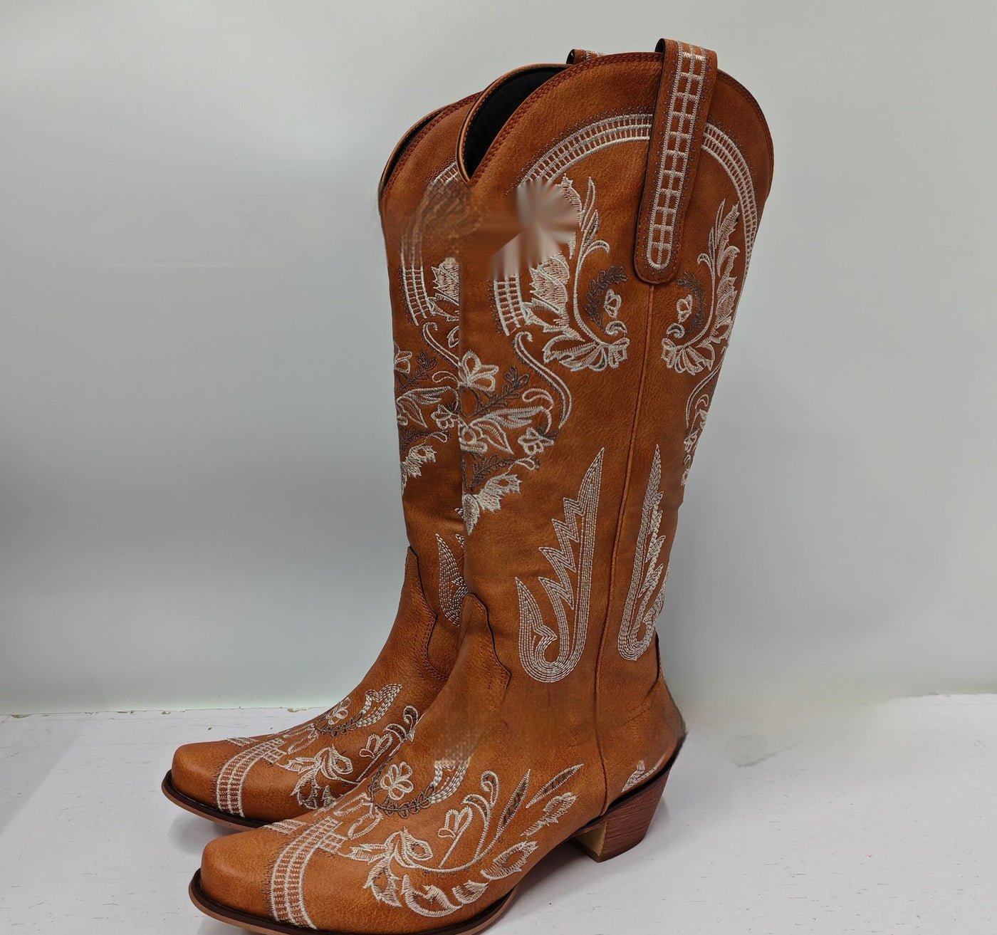 Embroidered Rhinestone Thick High Heel Side Zipper High-top Boots - Evans creations LLC