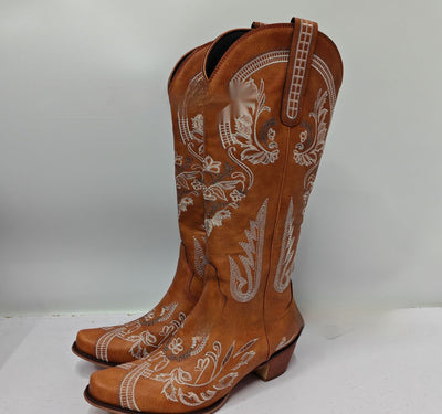 Embroidered Rhinestone Thick High Heel Side Zipper High-top Boots - Evans creations LLC