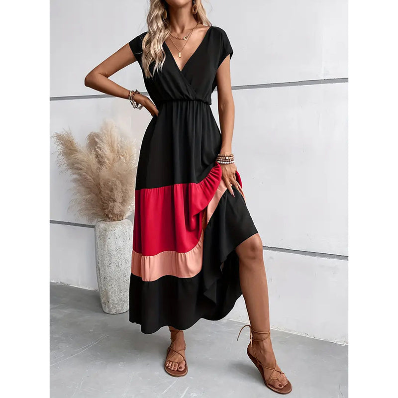 Women's Color Block Maxi Dresses V Neck Sleeveless Tiered Casual Dresses Loose Sundress - Evans creations LLC