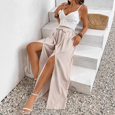 High Waist Wide Leg Women's Fashion Loose Lace-up Slit Casual Pants - Evans creations LLC