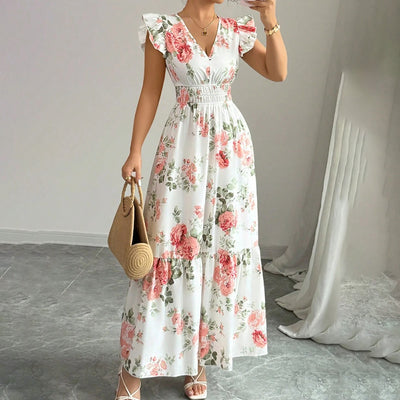 Womens Casual Summer Maxi Dress Flutter Short Sleeve V Neck Smocked A Line Flowy Beach Vacation Long Dresses - Evans creations LLC