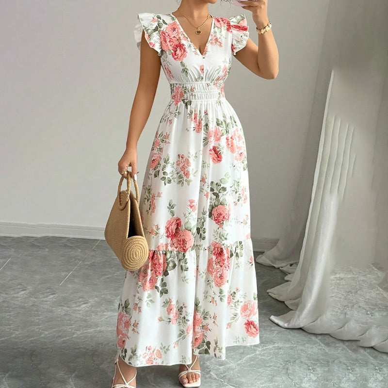 Womens Casual Summer Maxi Dress Flutter Short Sleeve V Neck Smocked A Line Flowy Beach Vacation Long Dresses - Evans creations LLC