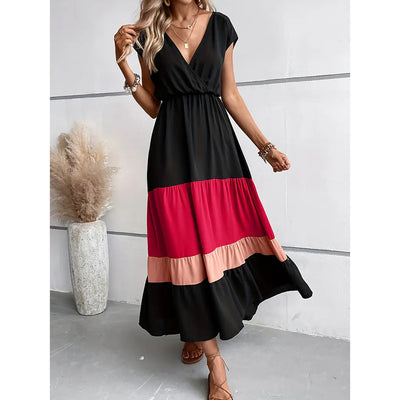 Women's Color Block Maxi Dresses V Neck Sleeveless Tiered Casual Dresses Loose Sundress - Evans creations LLC