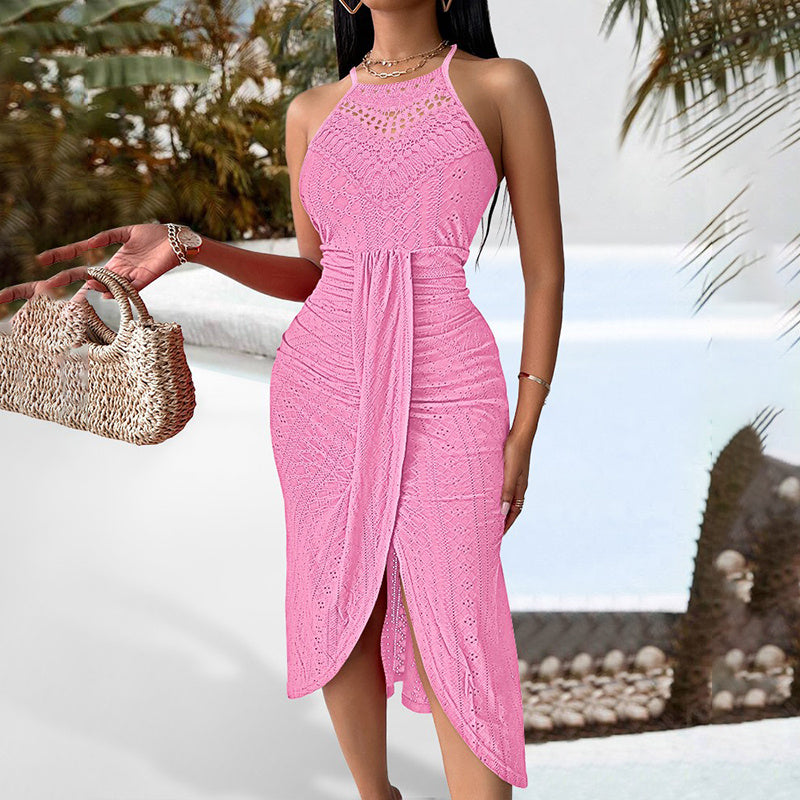 Women's Sexy Halter Neck Ruched Bodycon Midi Dresses Elegant Sleeveless Cocktail Party Dress - Evans creations LLC