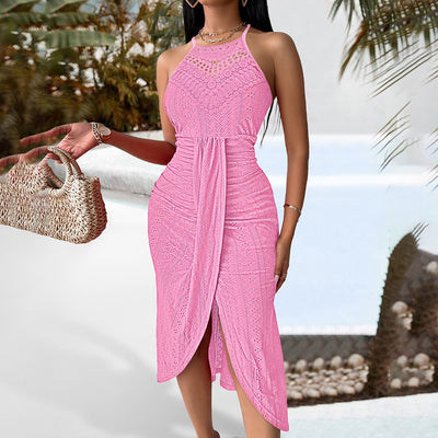 Women's Sexy Halter Neck Ruched Bodycon Midi Dresses Elegant Sleeveless Cocktail Party Dress - Evans creations LLC